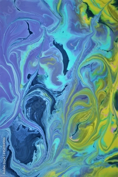 Fototapeta Abstract yellow-blue marble background. The lines and waves of acrylic paint create an interesting structure. Background for web design, fabric, design, laptop case.