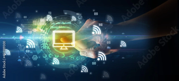 Fototapeta touching with soft gesture multimedia screen with future technology concept