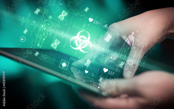Fototapeta Close-up of a touchscreen with healthcare icons