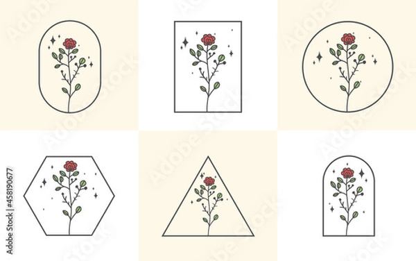 Fototapeta feminine Beauty boho logo collection with magical hand, nails, rose, crystal, moon, sun, star Vector illustration for icon, logo, sticker, printable and tattoo