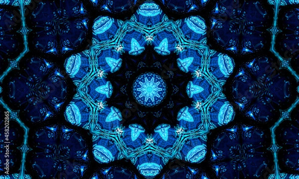 Obraz Blue navy kaleidoscope pattern abstract background. Circle pattern. Abstract fractal kaleidoscope background. Abstract fractal pattern geometrical symmetrical ornament. Kaleidoscope blue pattern
