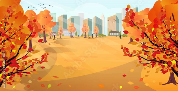 Fototapeta Against the background of autumn landscape, a panorama of autumn park with view of city and strolling people. Bright autumn trees, sun rays and flying leaves. Vector illustration with space for text.