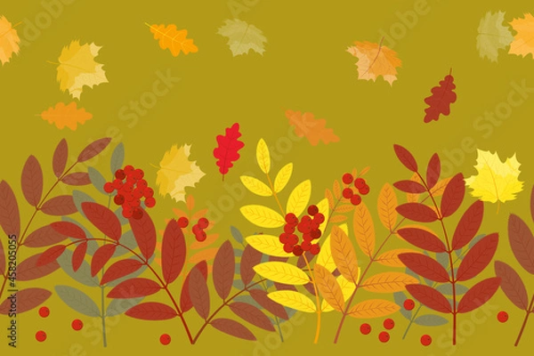 Fototapeta Seamless horizontal border pattern in the autumn theme. Bright berries and leaves of mountain ash and maple on a green background. Vector illustration in cartoon style