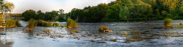 Obraz Panorama shallow fast river with rocky bottom, ariver overgrown with reeds and aquatic vegetation, Big green trees on bank
