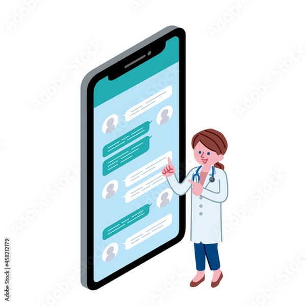 Fototapeta メッセージアプリと医者(女性)のイラスト