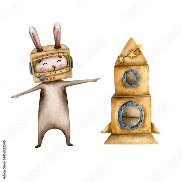 Fototapeta Watercolor bunny in an astronaut suit with a rocket from cardboard boxes a white background