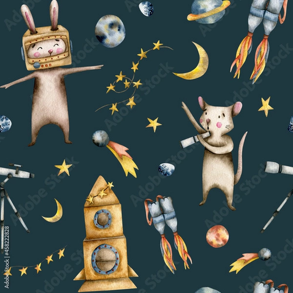 Fototapeta Watercolor seamless pattern with mice and bunnies playing astronauts with a cardboard rocket, a telescope, planets and a jetpack on a dark blue background