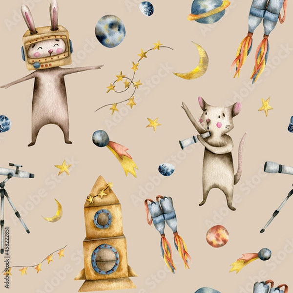 Fototapeta Watercolor seamless pattern with mice and bunnies playing astronauts with a cardboard rocket, a telescope, planets and a jetpack on a beige background