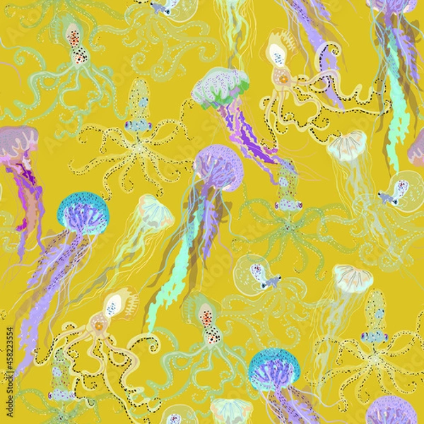 Obraz Jellyfish seamless vector pattern.