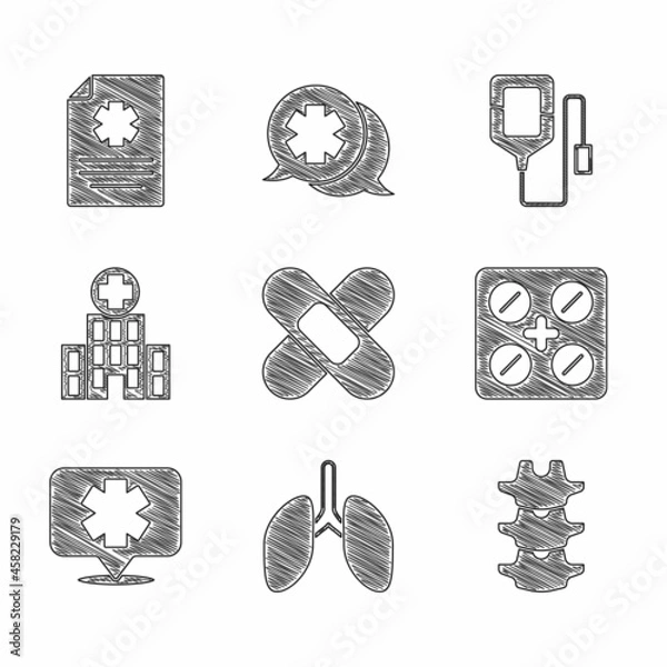 Fototapeta Set Crossed bandage plaster, Lungs, Human spine, Pills blister pack, Medical symbol of the Emergency, hospital building, IV bag and Clinical record icon. Vector