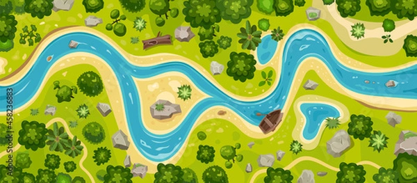 Obraz River top view landscape above forest, aerial map