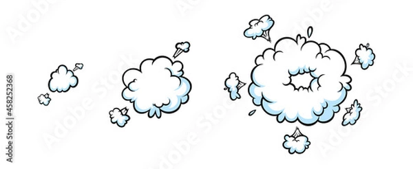 Fototapeta Comic boom smoke effect. Puff and burst clouds for surprising and explosive events. Vector illustartion isolated in white background