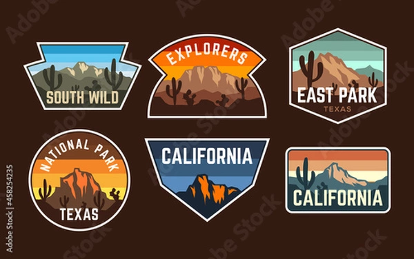Fototapeta Set of Badge patch mountain desert vintage retro style, sticker emblem logo national park collection