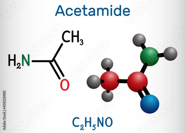 Fototapeta Acetamide, ethanamide molecule. It is a monocarboxylic acid amide, used as plasticizer in the processes of obtaining leather, paper. Structural chemical formula and molecule model