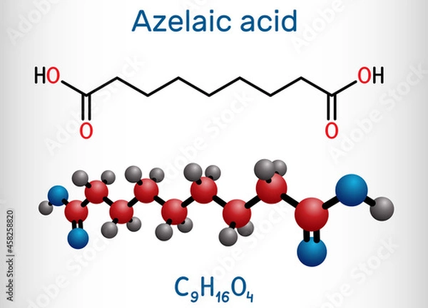 Fototapeta Azelaic acid, AzA, nonanedioic acid molecule. It is saturated dicarboxylic acid, is effective against a number of skin conditions, acne. Structural chemical formula, molecule model