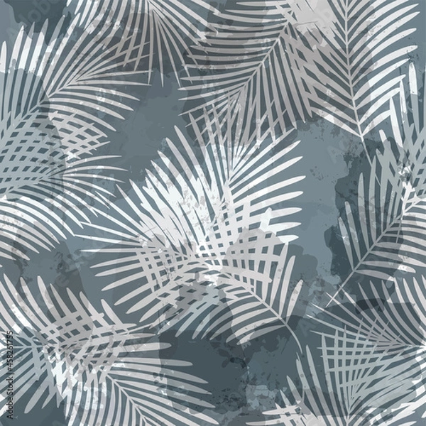 Fototapeta Tropical pattern, palm leaves seamless vector background. Exotic plant on watercolor stains artistic jungle print. Leaves of palm tree. ink brush