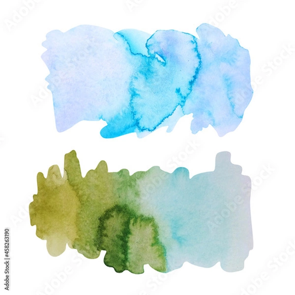 Obraz Blue and green texture with watercolor stains. Watercolor stains isolated on white background.
