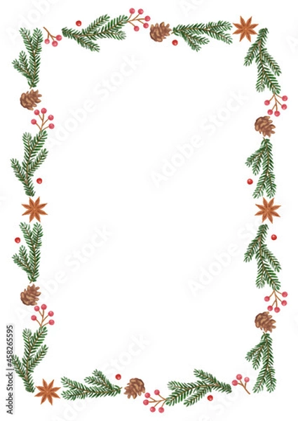 Fototapeta 手描き風　クリスマス　モミの木（クリスマスツリー）と木の実のドライフラワーラインフレーム