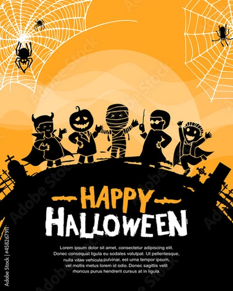 Fototapeta Halloween vector design with monster silhouette on orange background for poster, invitation, banner and celebration event
