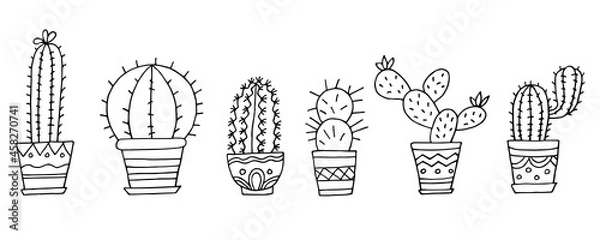 Fototapeta Collection of cacti in pots. Houseplants. Set with cacti. Thorns. Plant. Cactus. Vector. Doodle. Hand-drawn illustration. Silhouette. Black and white outline. Coloring.