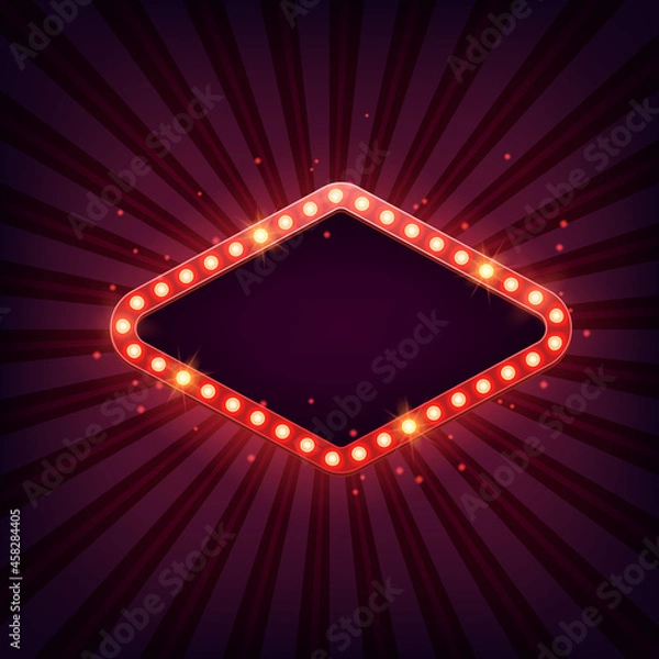 Obraz Retro rhombus marquee billboard with electric light lamps, glowing frame, against the background of rays.