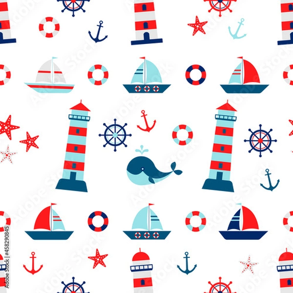 Fototapeta Seampless pattern with sailboat, steering wheel, anchor, lighthouse, whale, crab, starfish. Cute Marine pattern for fabric, baby clothes, background, wrapping paper and other decoration.