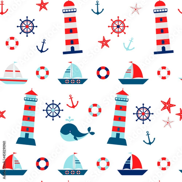 Fototapeta Seampless pattern with sailboat, steering wheel, anchor, lighthouse, whale, crab, starfish. Cute Marine pattern for fabric, baby clothes, background, wrapping paper and other decoration.