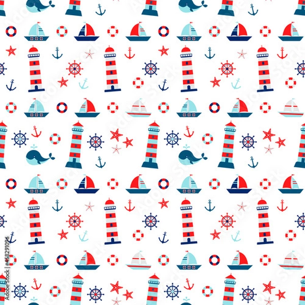 Fototapeta Seampless pattern with sailboat, steering wheel, anchor, lighthouse, whale, crab, starfish. Cute Marine pattern for fabric, baby clothes, background, wrapping paper and other decoration.