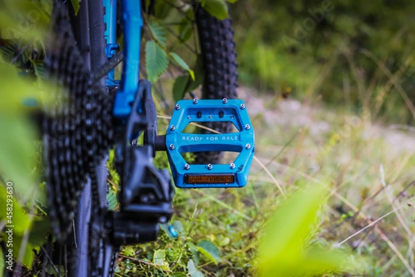 Obraz dirty pedal on mountain bike mud and wet terrain