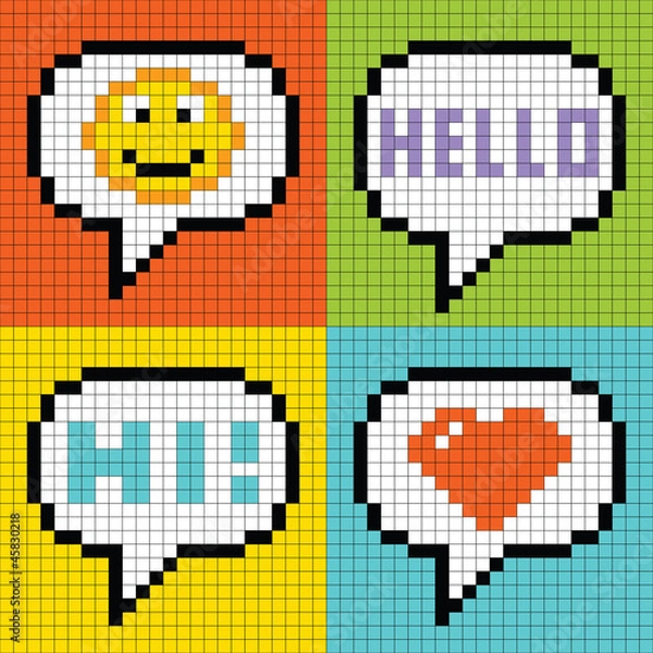 Obraz Pixel Social Networking Speech Bubbles: Smiley, Hello, Hi, Love