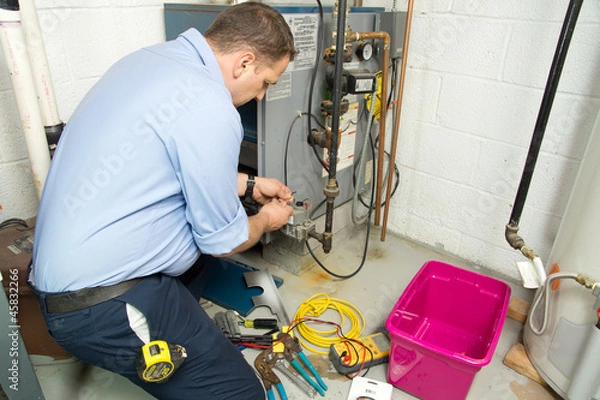 Obraz Plumber repairs furnace