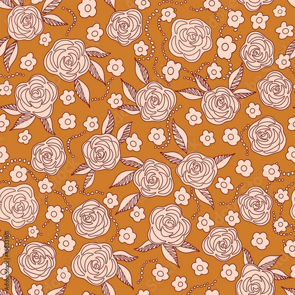 Obraz Vector hand drawn line art roses seamless pattern.