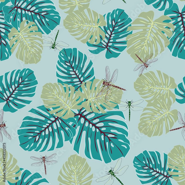 Obraz Blue Tropical Eden dragonfly seamless vector pattern 