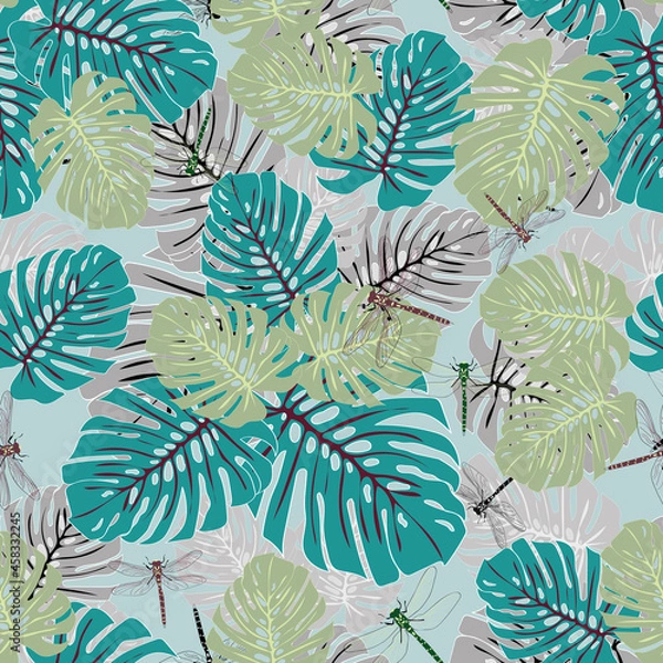Obraz Variation Tropical Eden dragonfly seamless vector pattern 