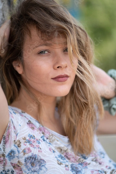 Obraz Natural Looking Young Beautiful Woman with Hazel eyes posing in abandoned building, no post editing