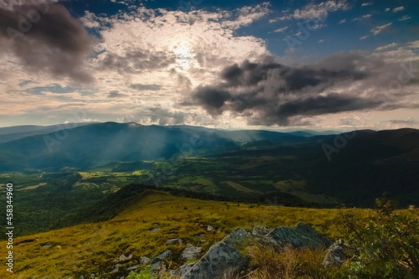 Obraz Rays of the sun on a mountain valley. Ukraine Eastern Bieszczady Carpathians.