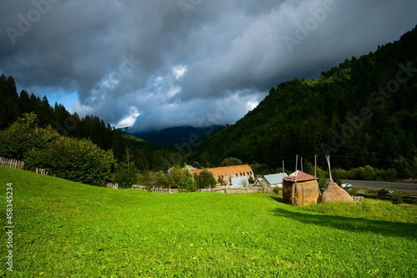 Fototapeta An illuminated clearing, heaps of hay in a green meadow. Ukraine is the village of Mizhirja.