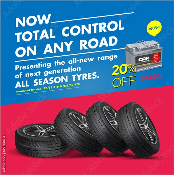 Fototapeta Presenting the all-new range of next generation ALL SEASON TYRES. Tire shop vector banner of car wheel tyres with tread track price offer. Auto service discount promotion design. Black Friday sale.