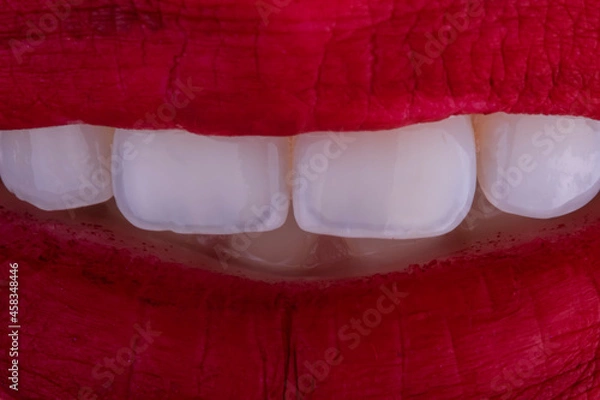 Obraz Red lips and beautiful white teeth close up
