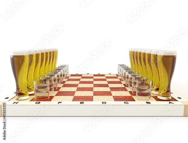 Fototapeta Пиво и водка на шахматной доске