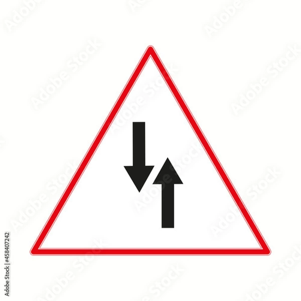 Fototapeta Two-way traffic sign. Road laws. Regulation concept. Isolated navigation emblem. Vector illustration. Stock image.