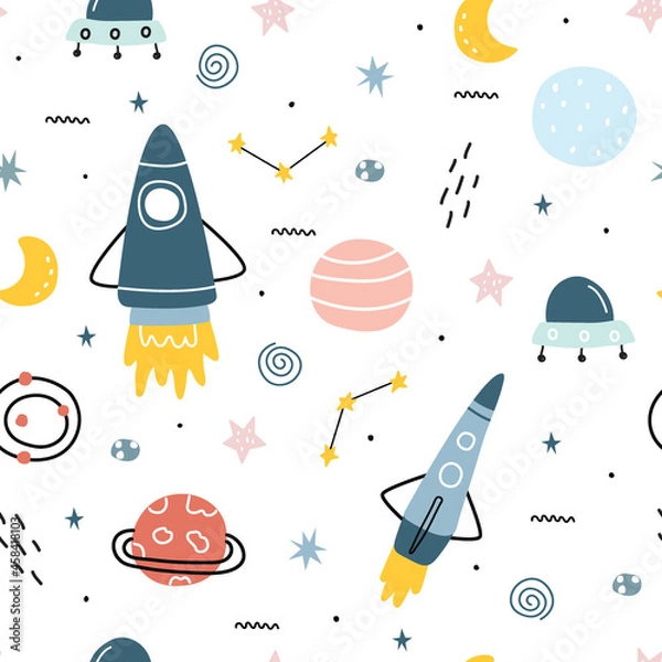 Obraz Space background illustration with stars and rockets Seamless vector pattern hand-drawn in cartoon style used for print, wallpaper, decoration, fabric, textile.