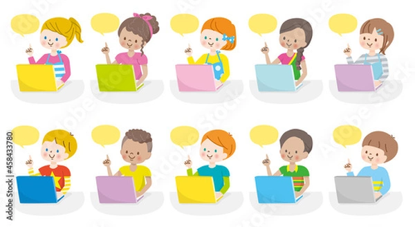 Fototapeta 笑顔でパソコンを操作する世界各国の子供達のイラスト