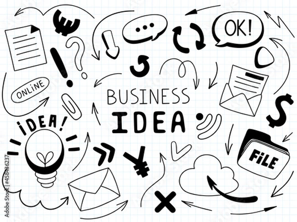Fototapeta Infographic pointers set. Vector arrows and pointers, doodle style skates of mail, cloud, ideas, currency, wi fi icon, online status, paper work icon and other business elements for presentation.