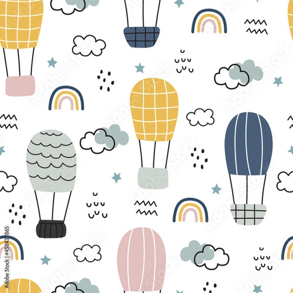 Obraz Seamless background cartoon pattern Balloons float in the sky with clouds and rainbows Hand drawn design in children's style. Use for prints, wallpapers, decorations, textiles, vector illustrations.