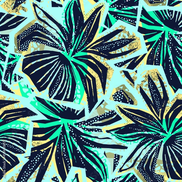 Obraz Seamless abstract  wild exotic floral ink hand drawn pattern. Trendy repeating watercolor blotted background texture.