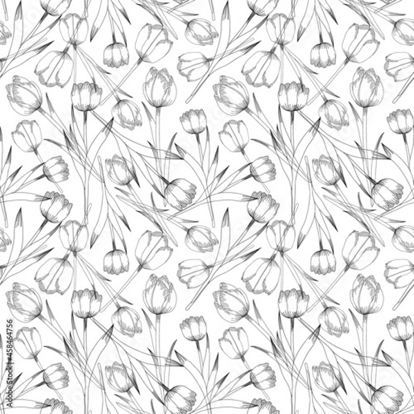 Fototapeta Seamless vector pattern with tulips outline on white background