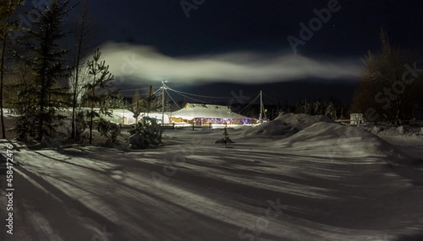 Obraz winter fairy-tale house in the forest in the night haze