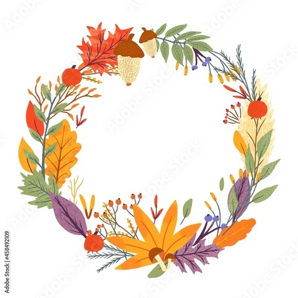 Fototapeta Wreath of autumn falling leaves of oak, maple, berry and mushroom. Scrapbook collection for fall season elements. Flat natural vector illustration with floral for advertisement, promotion