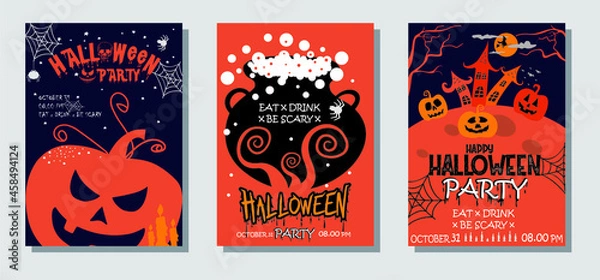 Fototapeta Vector set of Halloween party invitations or greeting cards with handwritten calligraphy and original symbols. happy Halloween
